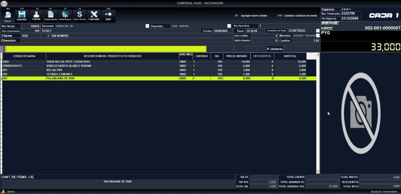 Pantalla de facturación del sistema de punto de venta Mastersys